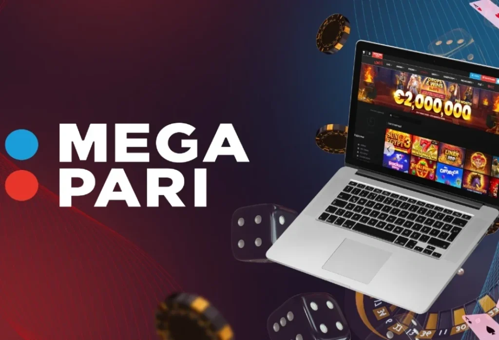 Megapari bonus offer with online casino games and €2,000,000 jackpot banner on laptop.